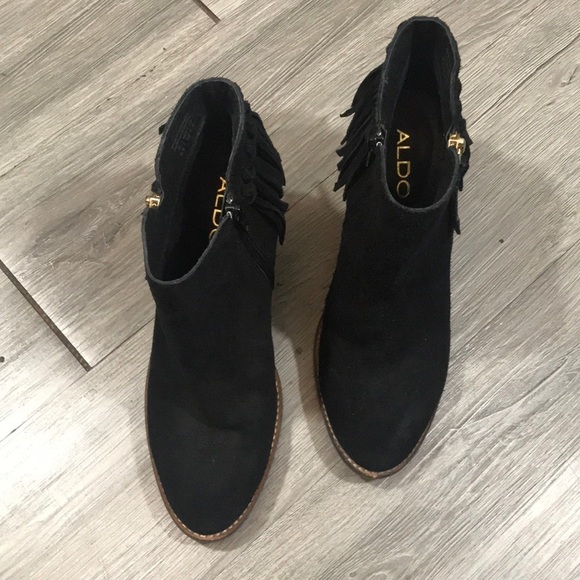Aldo Black Suede Stacked Heel Fringe Boots size 8.5 - Picture 2 of 10